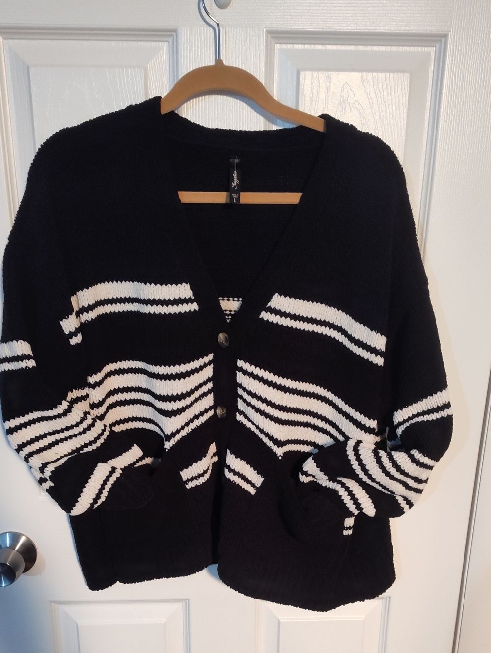 Striped Black & White V-Neck Cardigan Sweater